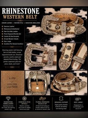 Rhinestone Western Hair-on-Hide Belt - Silver Buckle, Tan & Cream